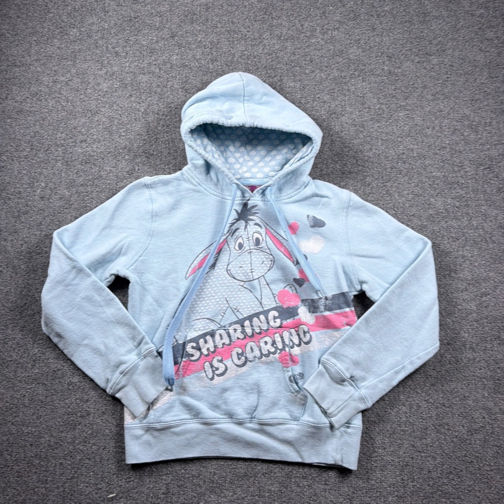 Vintage Disney Eeyore Hoodie Juniors Medium 7/9 Blue Sharing is Caring Graphic - Picture 2 of 11
